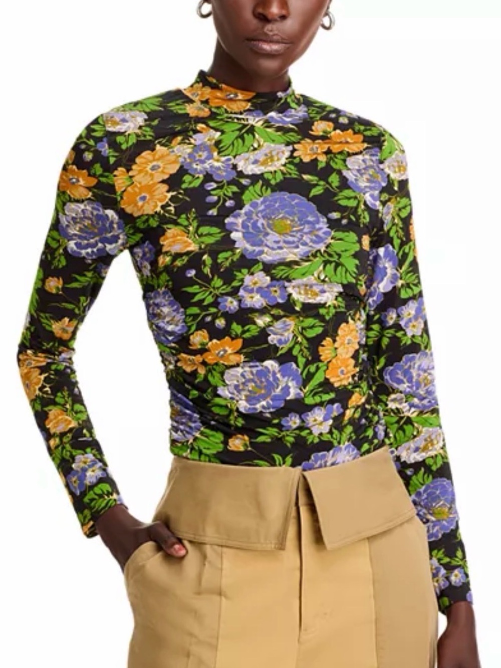 FARM Rio Black Long-Sleeve Tee with Blue, Yellow & Green Floral Print